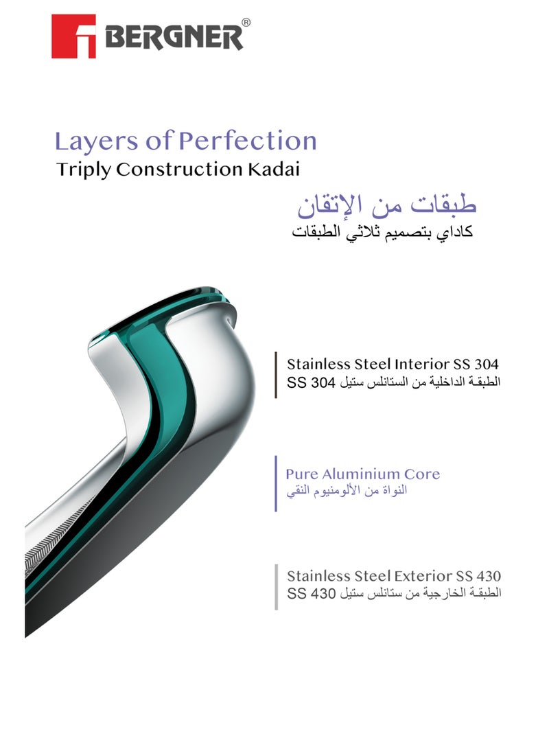 Bergner Essentials 24cm (5.5L) Tri-Ply Stainless Steel Large Rice Pot – Heavy-Duty Healthy Cooking Handi with Glass Lid for Biryani Pulao Soups Curries – Even Heating – Gas & Induction Compatible - Image 3